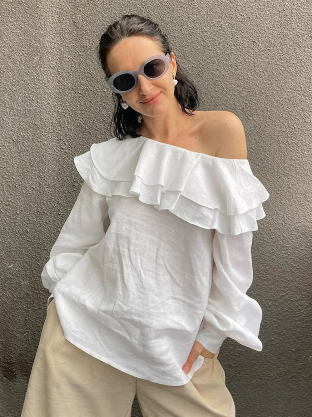 Forever 21 Asymmetrical Collar Ruffle Blouse Loose Fit Cotton White Long Sleeve
